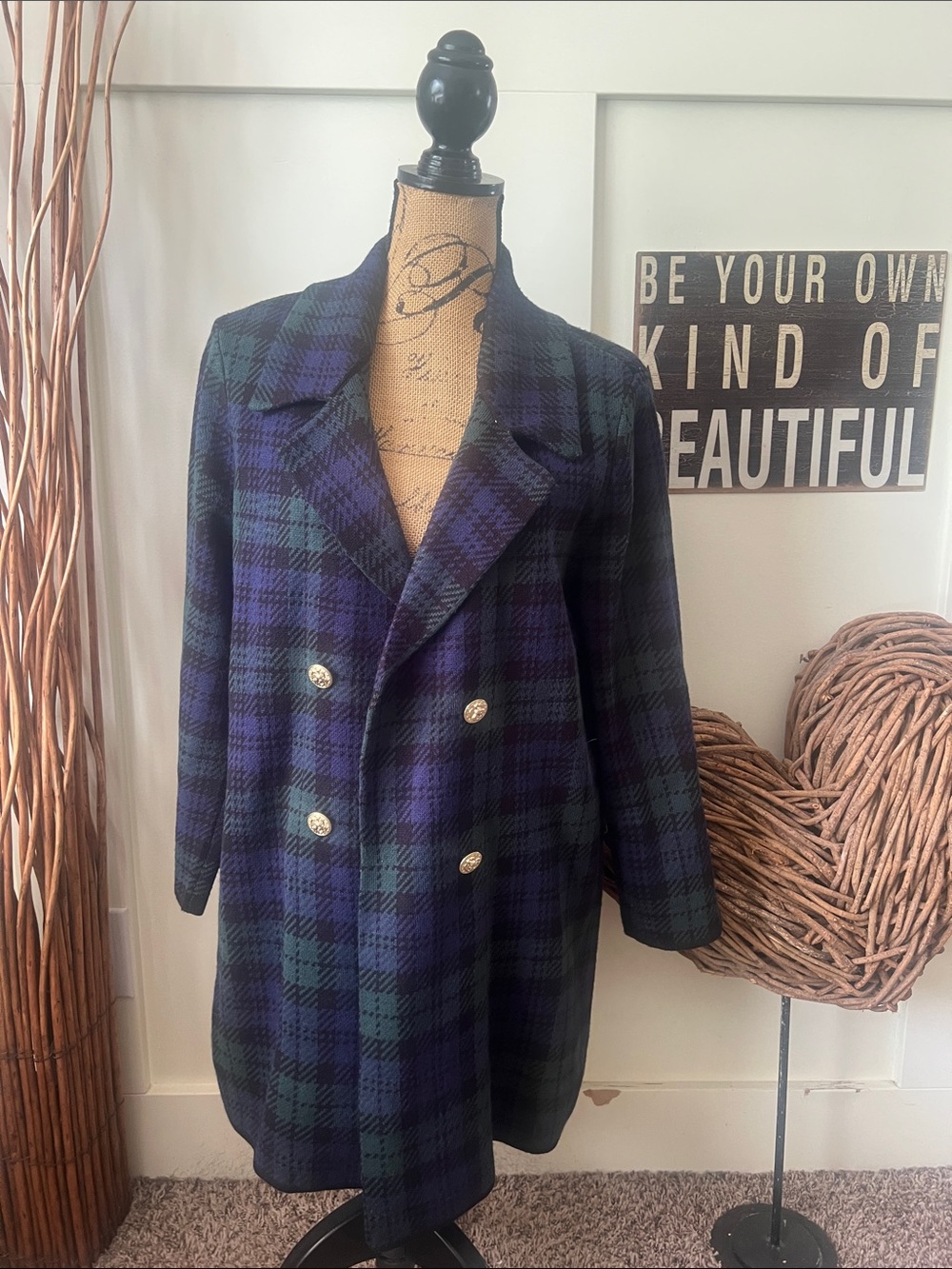 Anne Klein Navy & Green Plaid Double-Breasted Blazer Cardigan Sweater